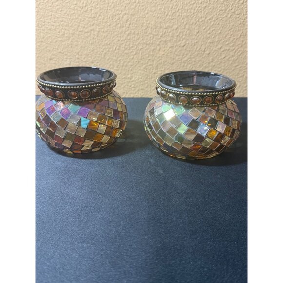 Party Lite Mosaic Glass Candle Holders With Gemstone Accents - Set Of 2 - Picture 1 of 5
